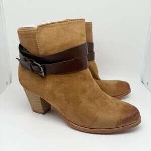 Mi.im Camel Tan Faux Suede Heeled Ankle Boots Booties with Brown Straps Size 6.5